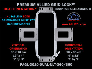 Ultramatic 30 x 10 cm (12 x 4 inch) Rectangular Premium Allied Grid-Lock DUAL ORIENTATION Embroidery Hoop for 360 mm Sew Field / Arm Spacing