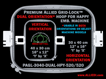 Happy Japan 30 x 40 cm (12 x 16 inch) Rectangular Premium Allied Grid-Lock DUAL ORIENTATION Embroidery Hoop for 520 mm Sew Field / Arm Spacing