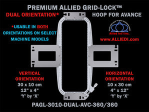 Avance 30 x 10 cm (12 x 4 inch) Rectangular Premium Allied Grid-Lock DUAL ORIENTATION Embroidery Hoop for 360 mm Sew Field / Arm Spacing