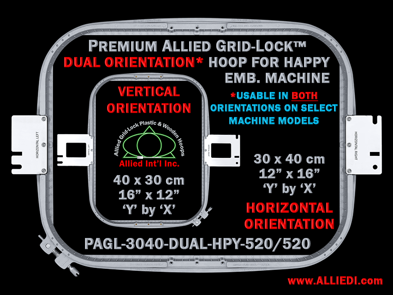 Happy 30 x 40 cm (12 x 16 inch) Rectangular Premium Allied Grid-Lock DUAL ORIENTATION Embroidery Hoop for 520 mm Sew Field / Arm Spacing