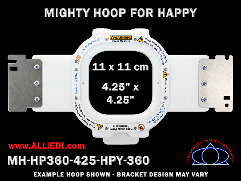 Happy 4.25 x 4.25 inch (11 x 11 cm) Square Magnetic Mighty Hoop for 360 mm Sew Field / Arm Spacing