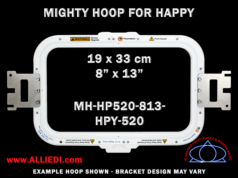 Happy 8 x 13 inch (19 x 33 cm) Rectangular Magnetic Mighty Hoop for 520 mm Sew Field / Arm Spacing