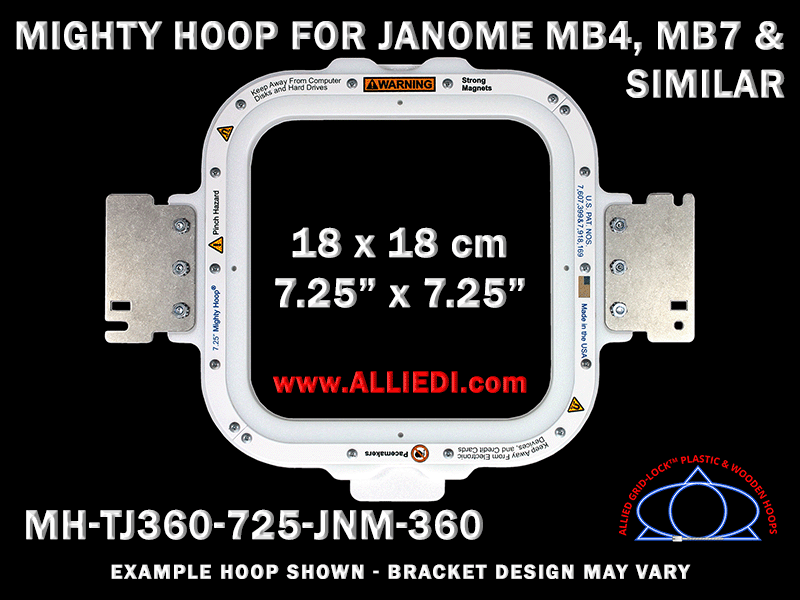Janome 7.25 x 7.25 inch (18 x 18 cm) Square Magnetic Mighty Hoop for 360 mm Sew Field / Arm Spacing