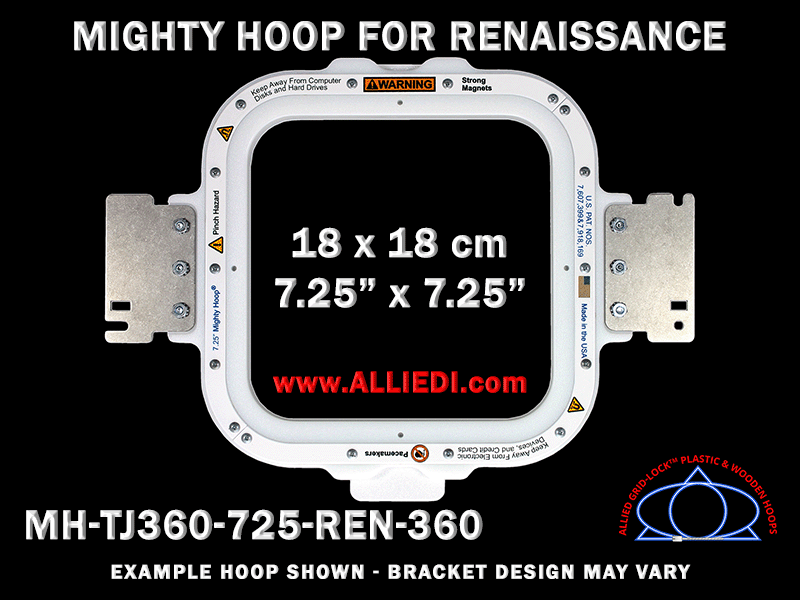 Renaissance 7.25 x 7.25 inch (18 x 18 cm) Square Magnetic Mighty Hoop for 360 mm Sew Field / Arm Spacing