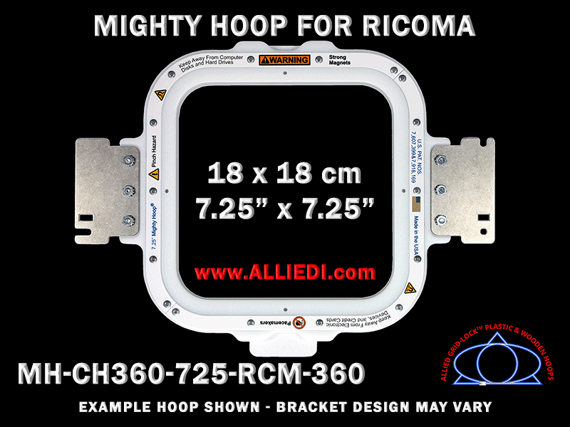Ricoma 7.25 x 7.25 inch (18 x 18 cm) Square Magnetic Mighty Hoop for 360 mm Sew Field / Arm Spacing