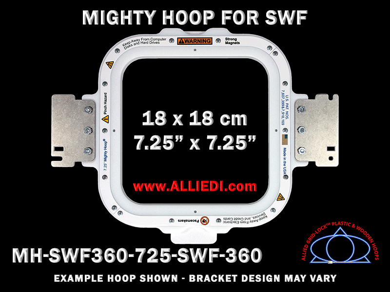 SWF 7.25 x 7.25 inch (18 x 18 cm) Square Magnetic Mighty Hoop for 360 mm Sew Field / Arm Spacing